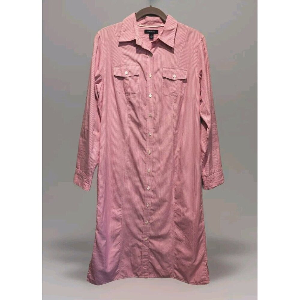 Lands End Pink Pinstripe Long Roll Tab Sleeve Button Up Midi Shirt Dress Sz 8
